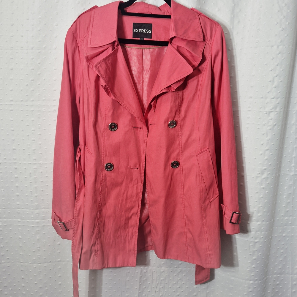 Express Women's Coral Ruffled Lepel Trench Coat Size Med - Picture 6 of 12